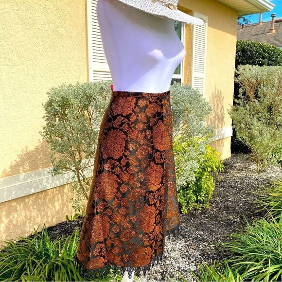 NEW ANNI KUAN A-LINE BRONZE & BLACK SEMI METALLIC ACCENT LACED HEM MIDI SKIRT 4 - Picture 11 of 14